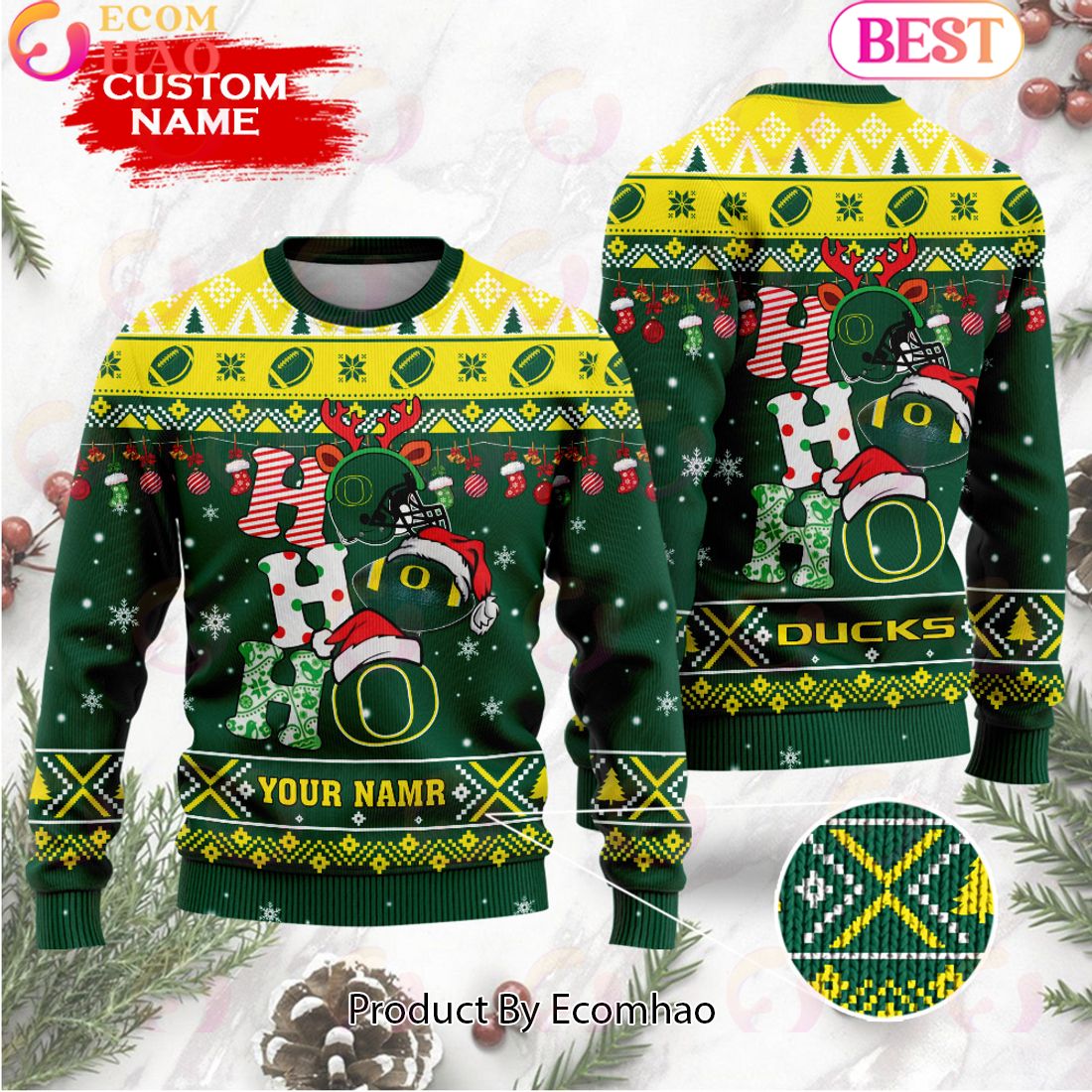 NCAA Oregon Ducks HO HO HO Christmas Custom Name Ugly Wool Sweater