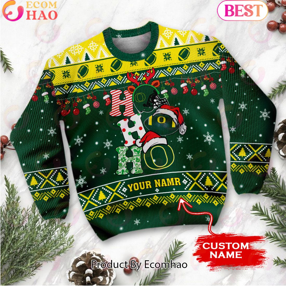 NCAA Oregon Ducks HO HO HO Christmas Custom Name Ugly Wool Sweater