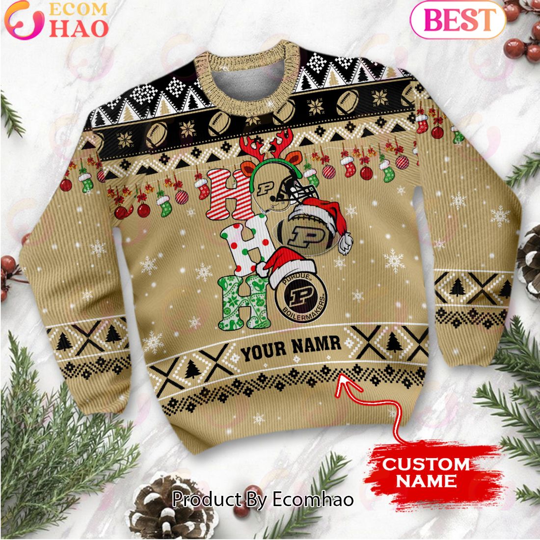 NCAA Purdue Boilermakers HO HO HO Christmas Custom Name Ugly Wool Sweater