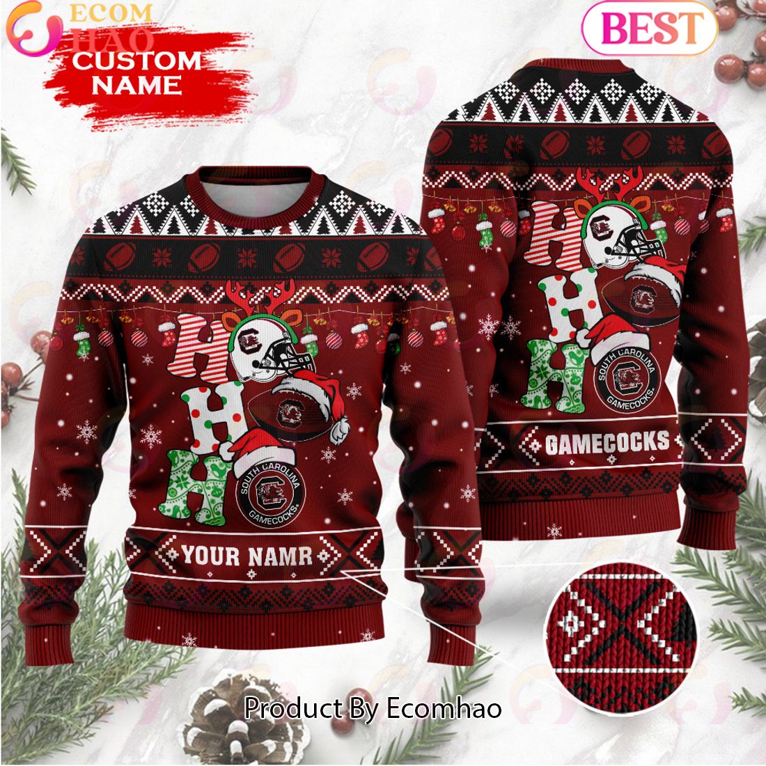 NCAA South Carolina Gamecocks HO HO HO Christmas Custom Name Ugly Wool Sweater