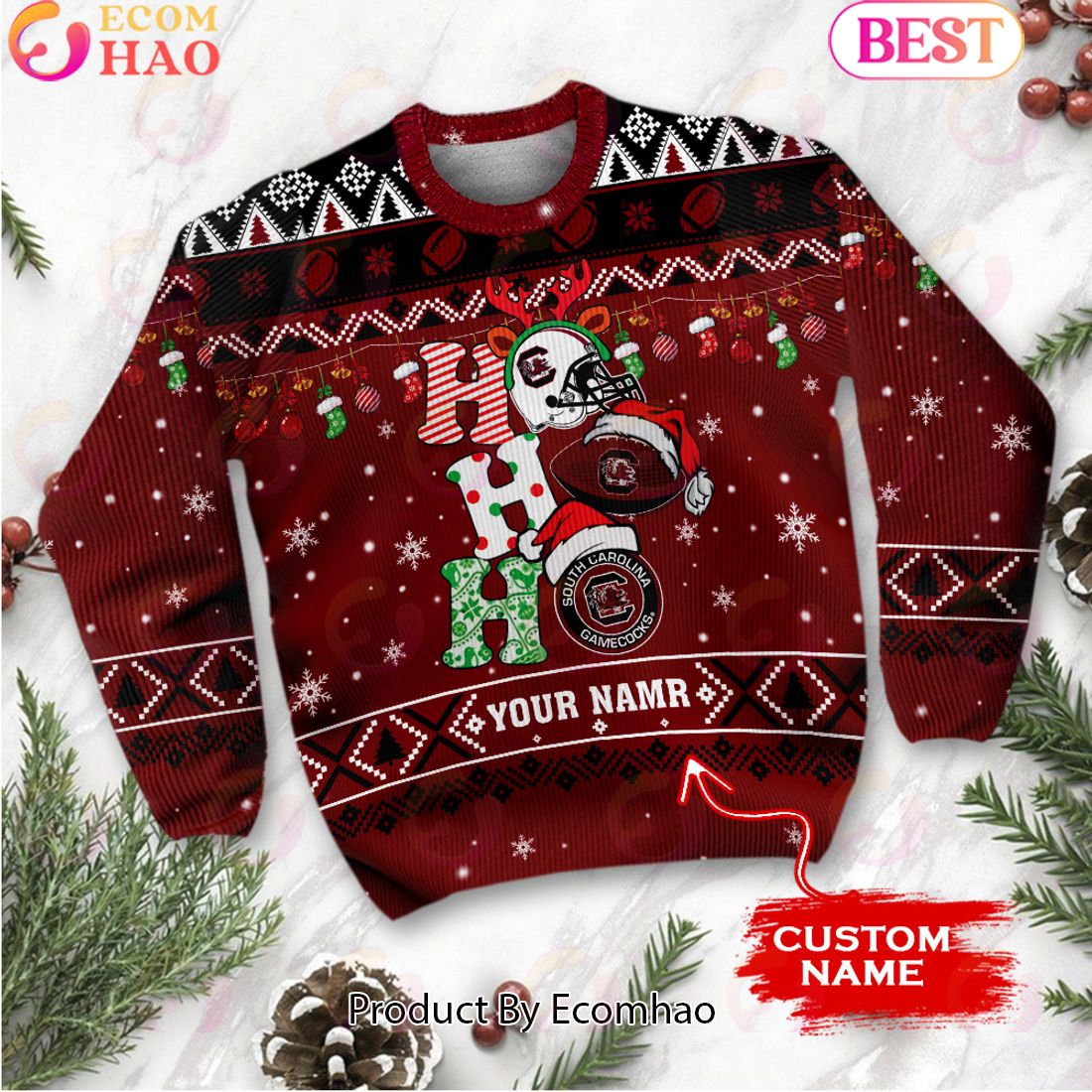 NCAA South Carolina Gamecocks HO HO HO Christmas Custom Name Ugly Wool Sweater