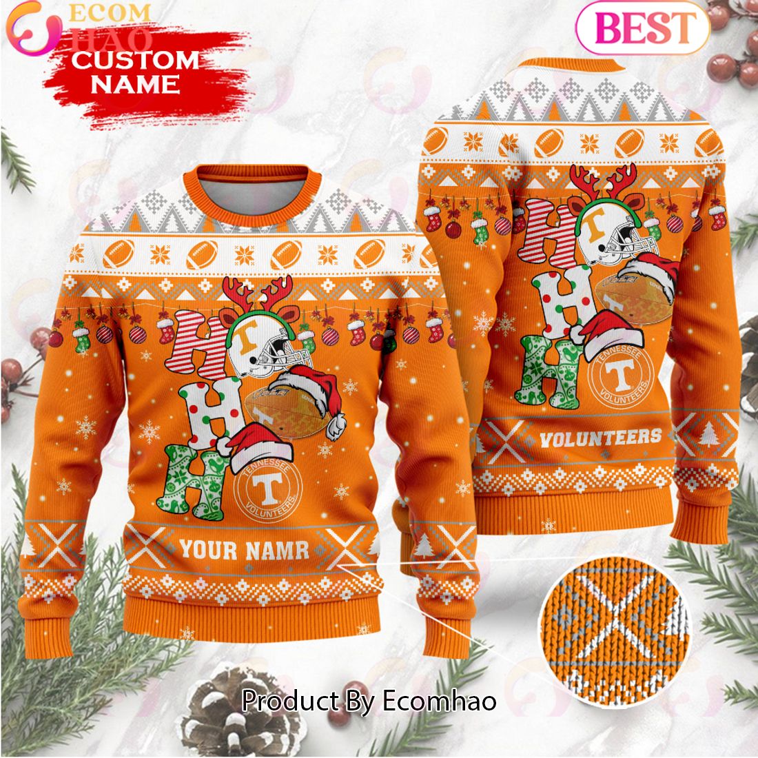 NCAA Tennessee Volunteers HO HO HO Christmas Custom Name Ugly Wool Sweater