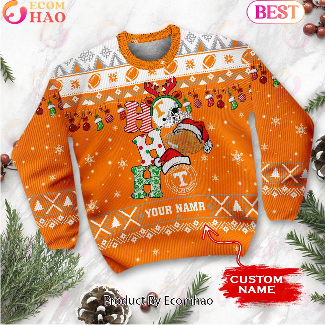 NCAA Tennessee Volunteers HO HO HO Christmas Custom Name Ugly Wool Sweater