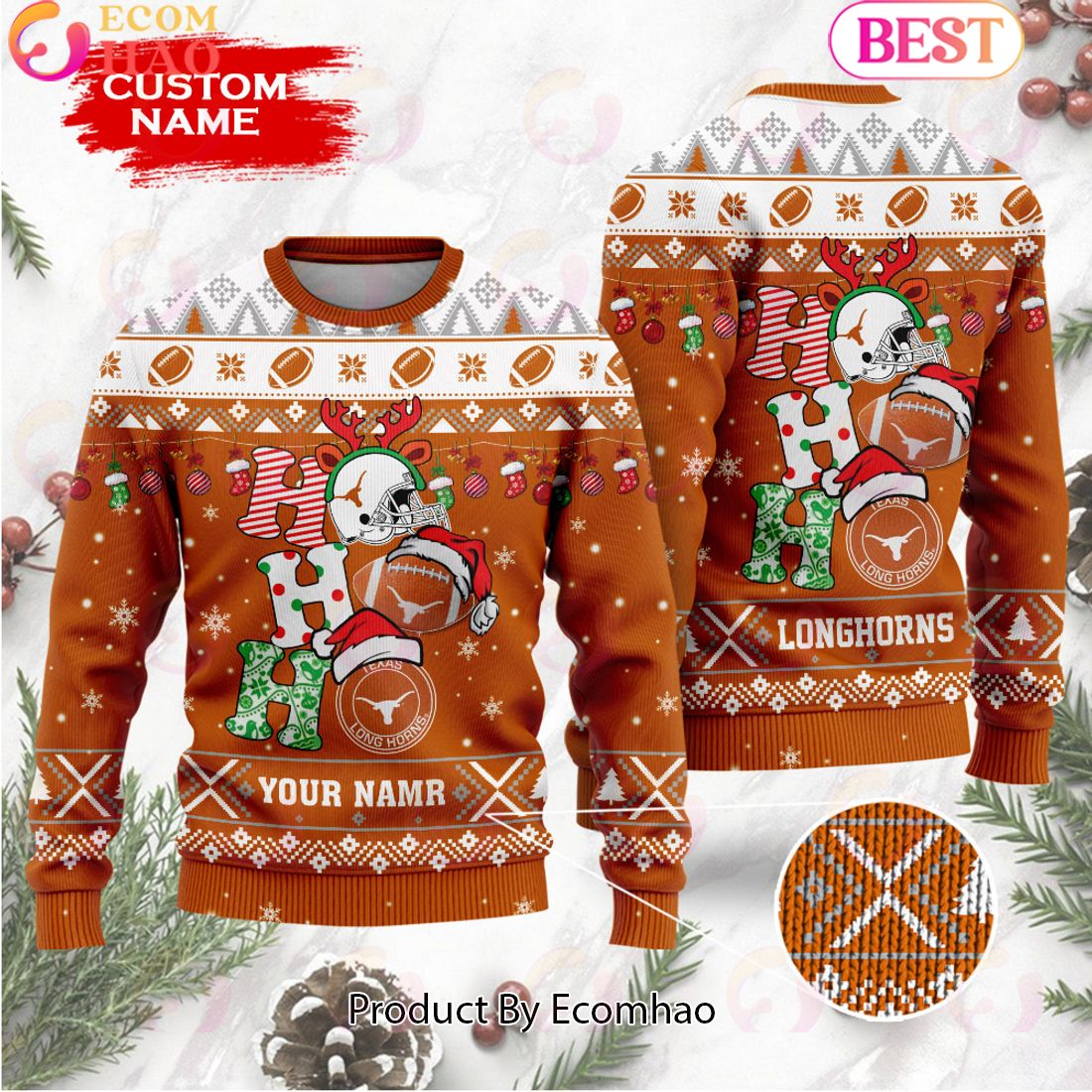 NCAA Texas Longhorns HO HO HO Christmas Custom Name Ugly Wool Sweater