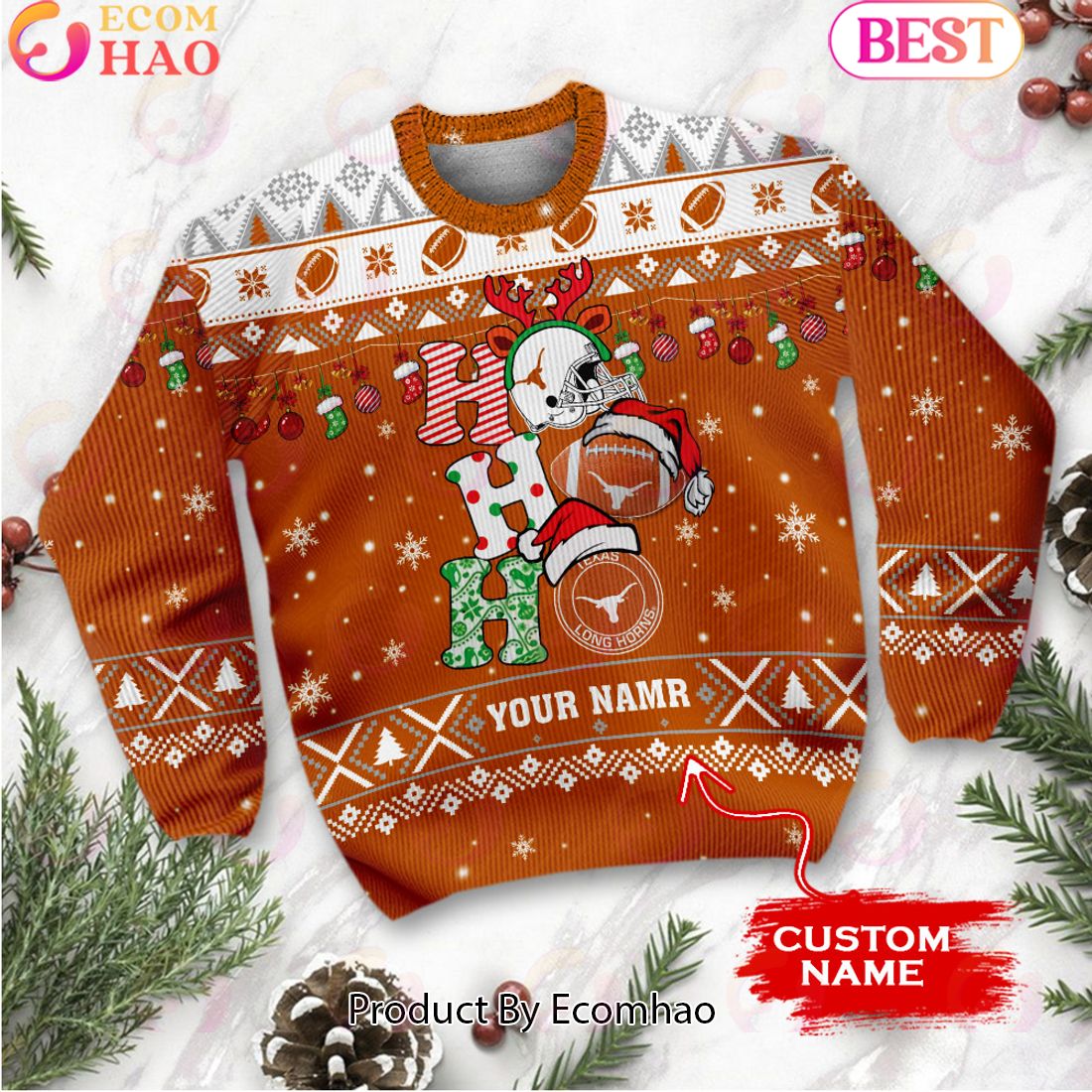 NCAA Texas Longhorns HO HO HO Christmas Custom Name Ugly Wool Sweater