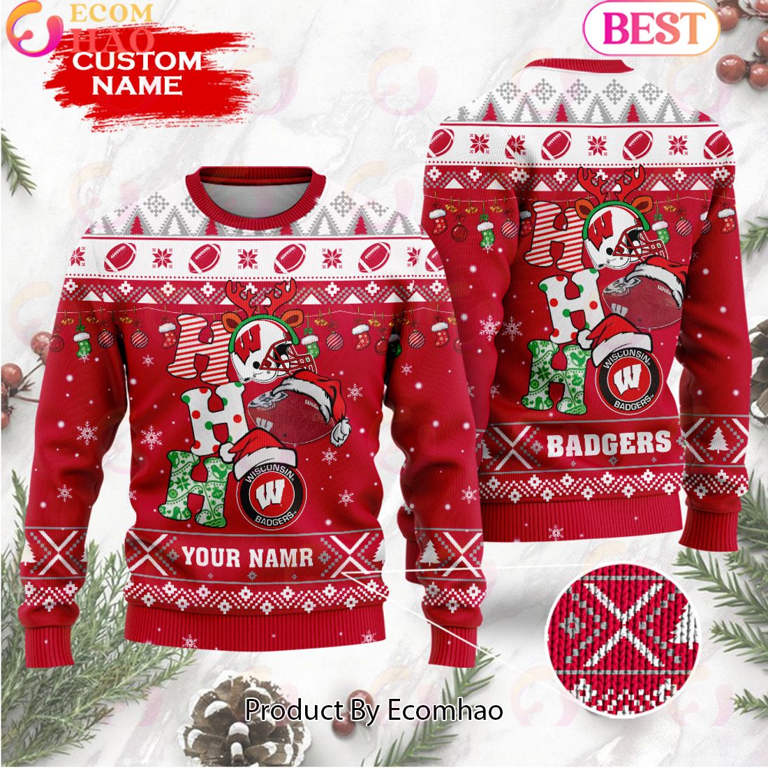 NCAA Wisconsin Badgers HO HO HO Christmas Custom Name Ugly Wool Sweater