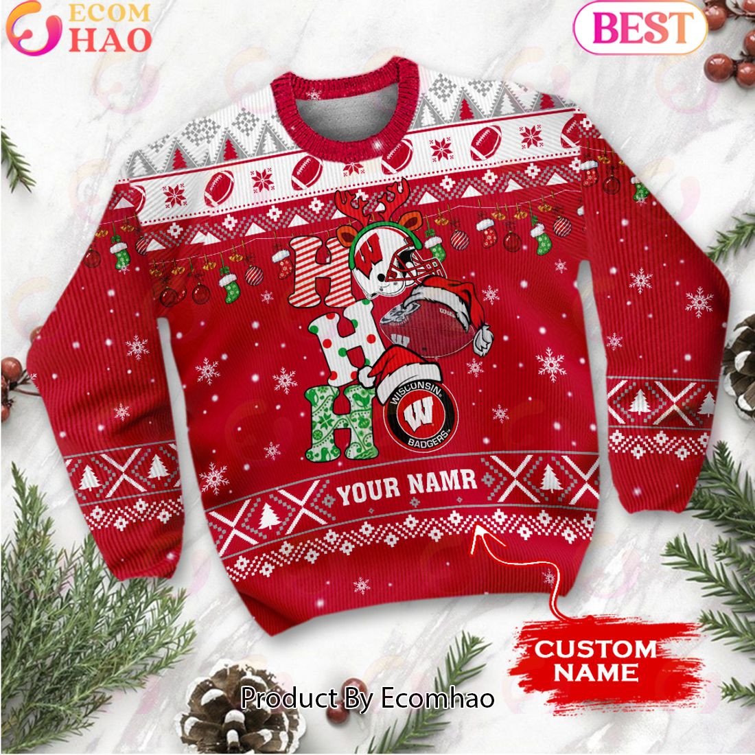 NCAA Wisconsin Badgers HO HO HO Christmas Custom Name Ugly Wool Sweater