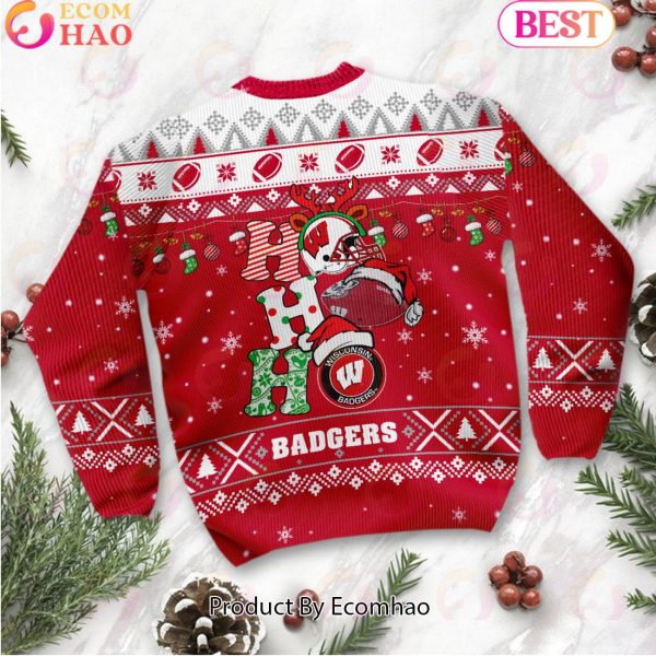 NCAA Wisconsin Badgers HO HO HO Christmas Custom Name Ugly Wool Sweater