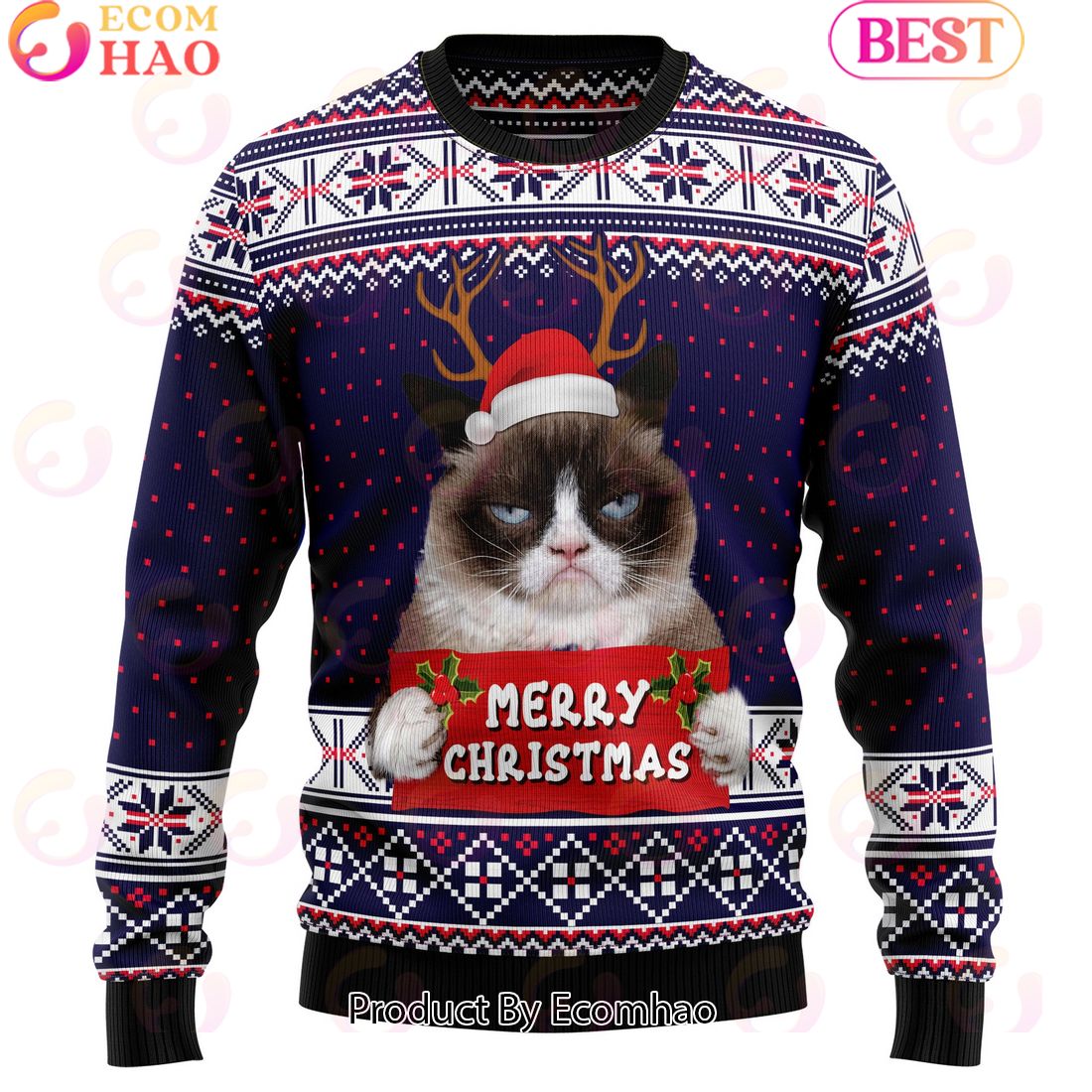 Grumpy Cat Merry Christmas Xmas Santa Hat Ugly Christmas Sweater