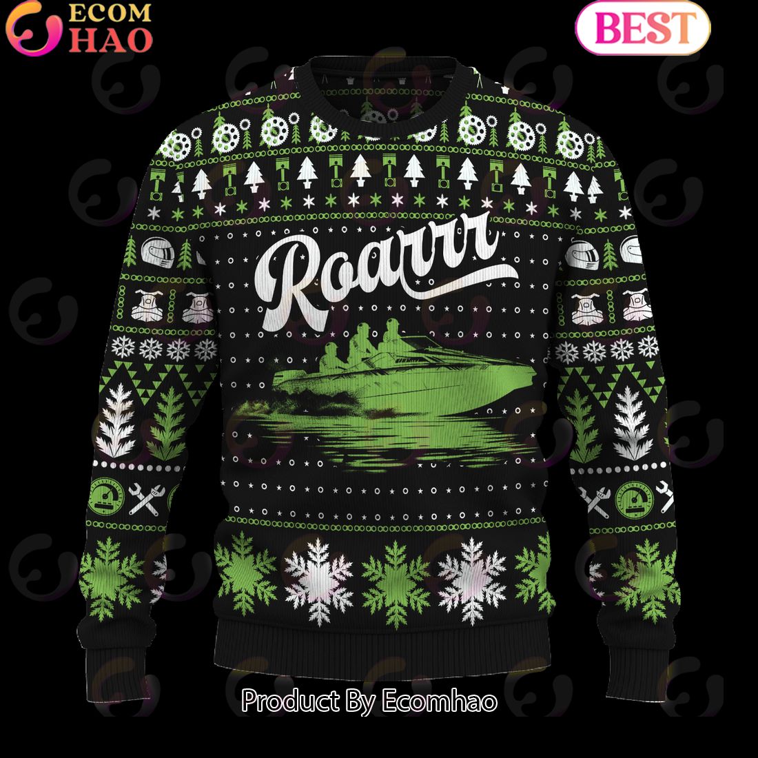 Roarrr Drag Boat Racing Ugly Christmas Sweater