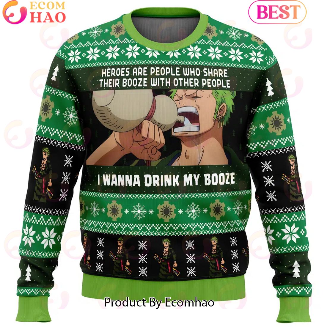 I Wanna Drink My Booze Zoro Christmas One Piece Ugly Christmas Sweater Perfect And Unique Gifts For Adults Kids On Christmas