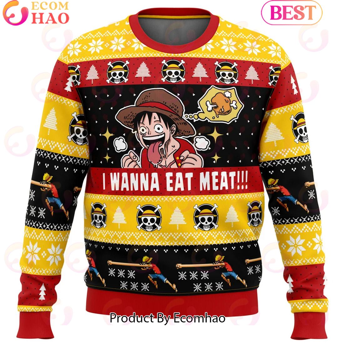 I Want To Eat Meat Luffy One Piece Ugly Christmas Sweater Perfect And Unique Gifts For Adults Kids On Christmas