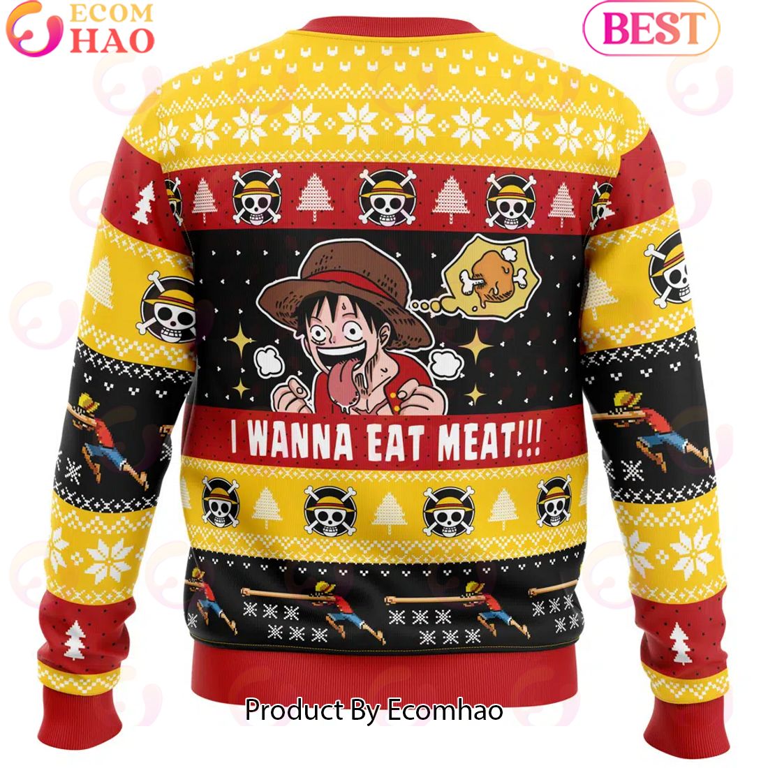 I Want To Eat Meat Luffy One Piece Ugly Christmas Sweater Perfect And Unique Gifts For Adults Kids On Christmas