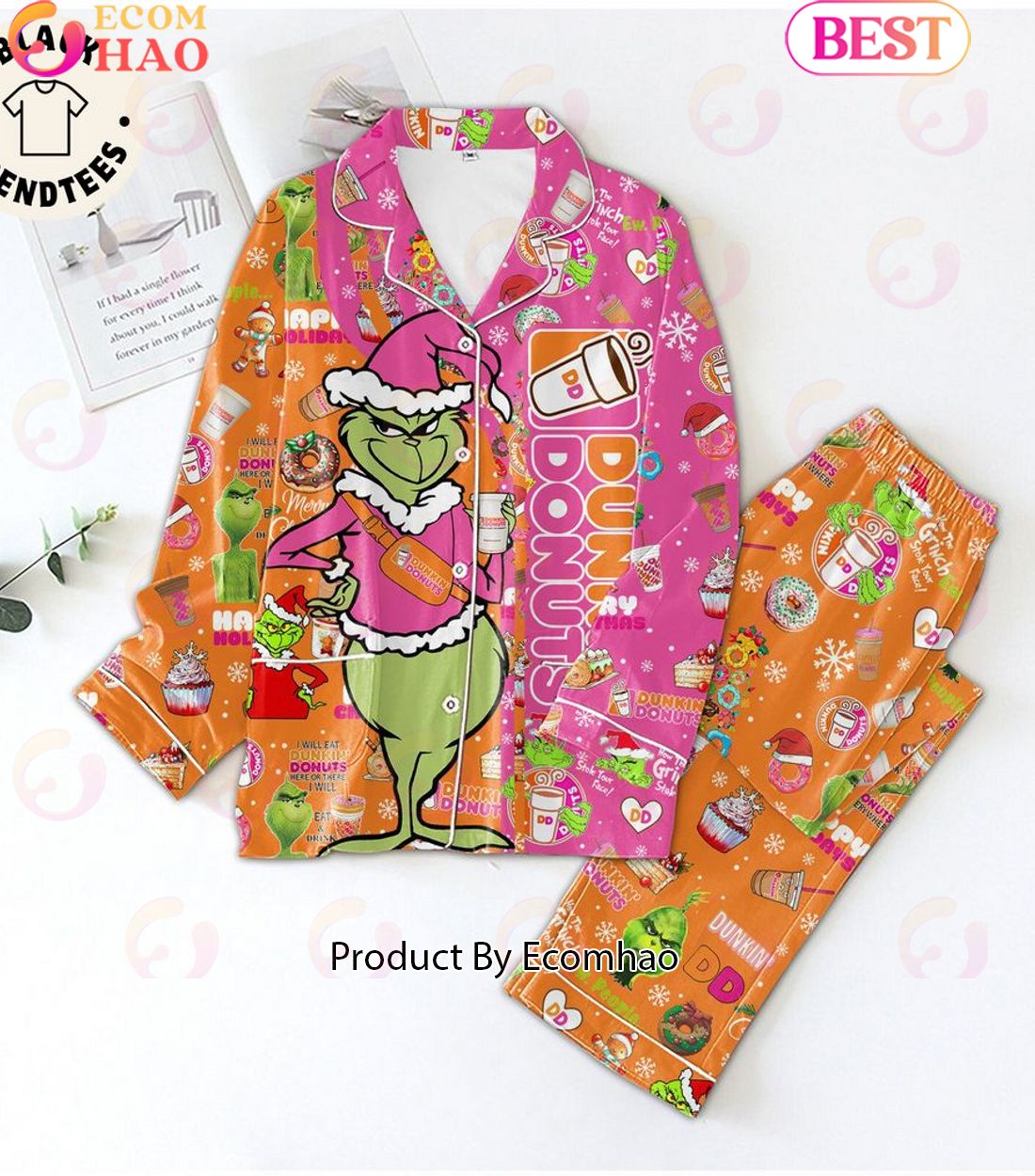 Dunkin Donuts Grinch Merry Christmas Design Pajamas Set