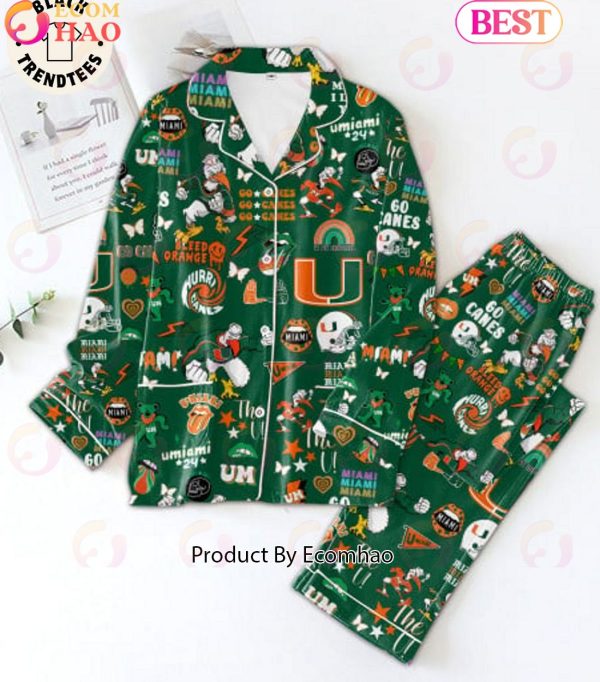 Go Canes U Of Miami 24 Rainbow Design Green Pajamas Set