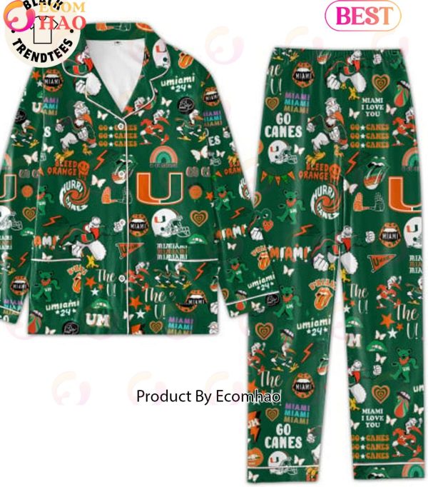Go Canes U Of Miami 24 Rainbow Design Green Pajamas Set