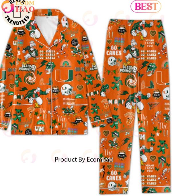 Go Canes U Of Miami 24 Rainbow Design Orange Pajamas Set