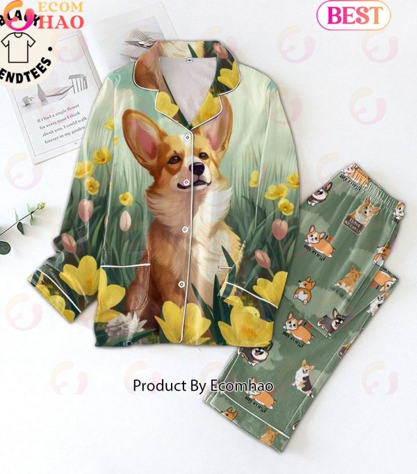 I Love My Corgi Dog On Flower Background Design Pajamas Set
