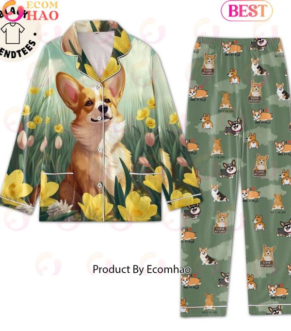 I Love My Corgi Dog On Flower Background Design Pajamas Set