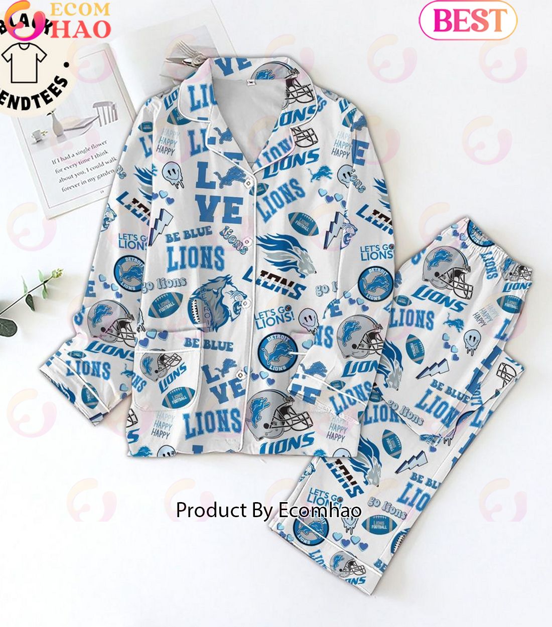 Lions Football BE Blue Masot Design Button Down Pajamas Set