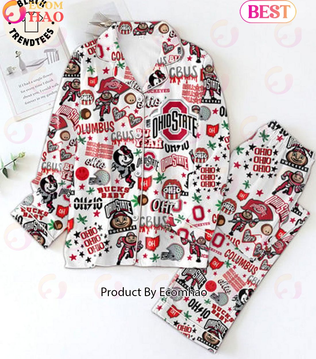 Ohio State Cbus Heart Eyes Roll Bucks Baby Mascot Design Pink Pajamas Set