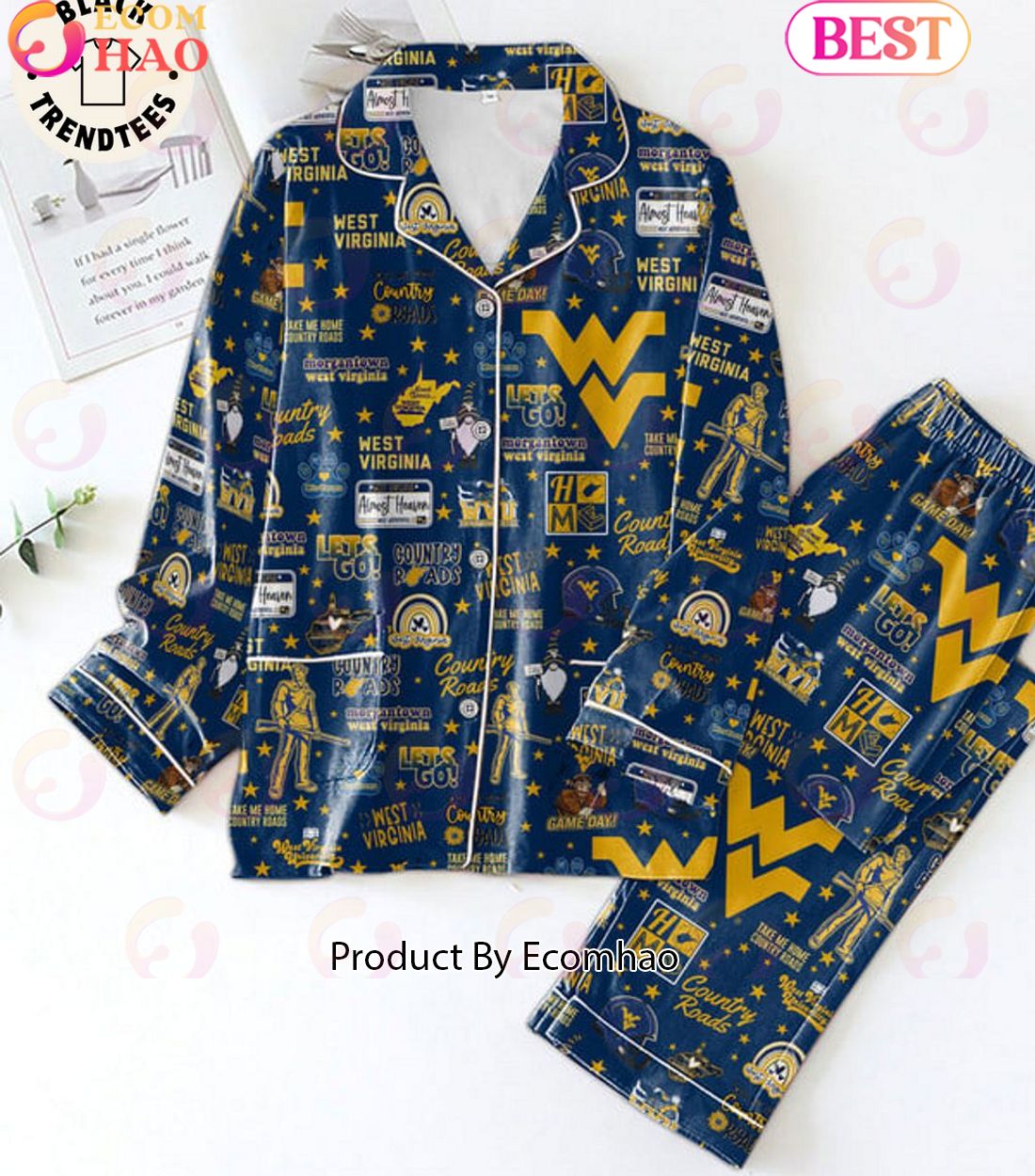 West Virgini Button Down Country Roads Blue Pajamas Set