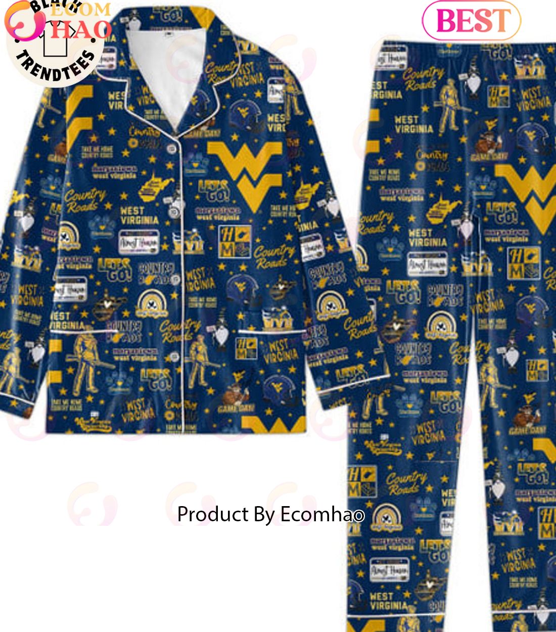 West Virgini Button Down Country Roads Blue Pajamas Set