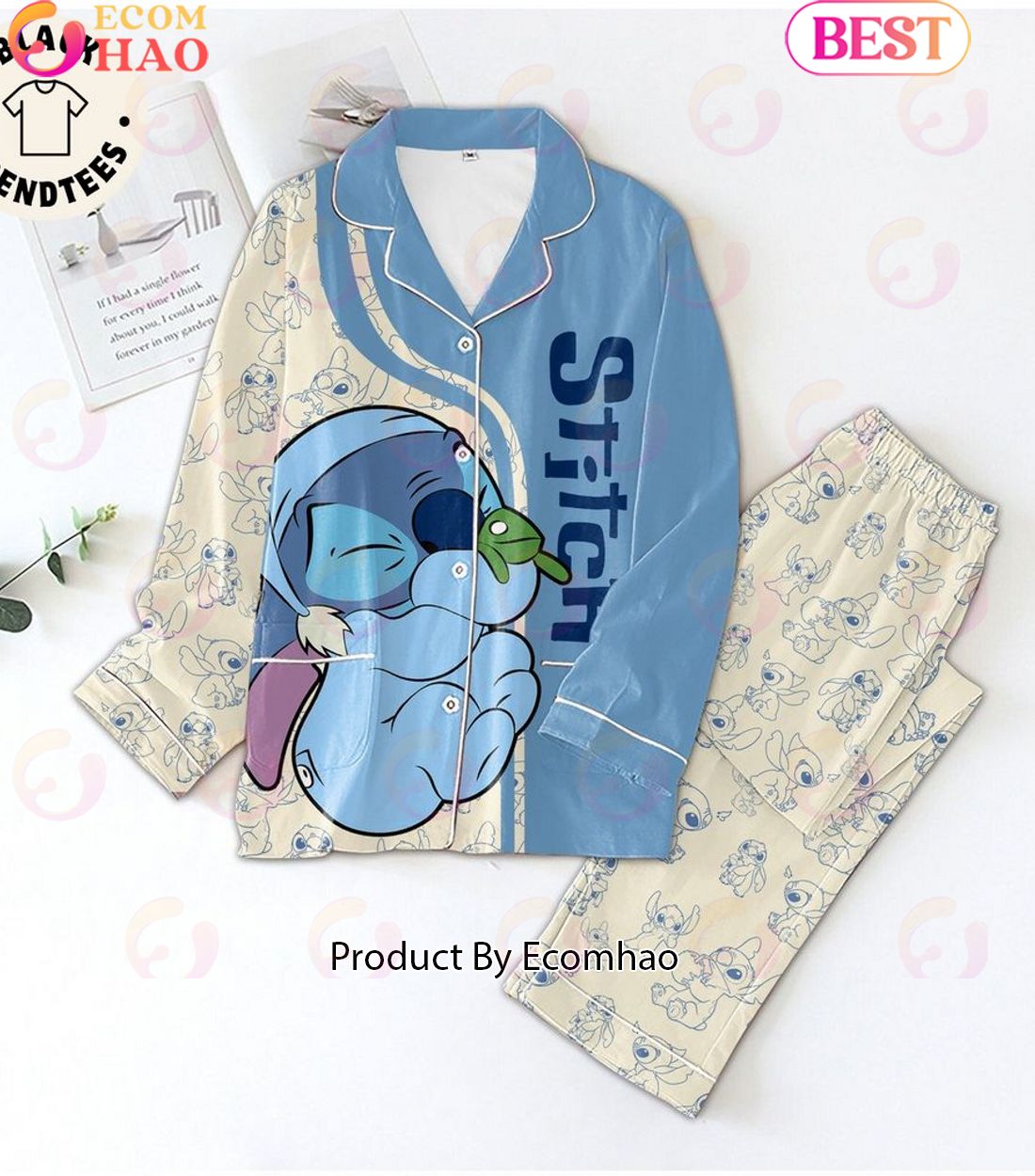 Stitch Baby Cute Portrait White Blue Design Pajamas Set