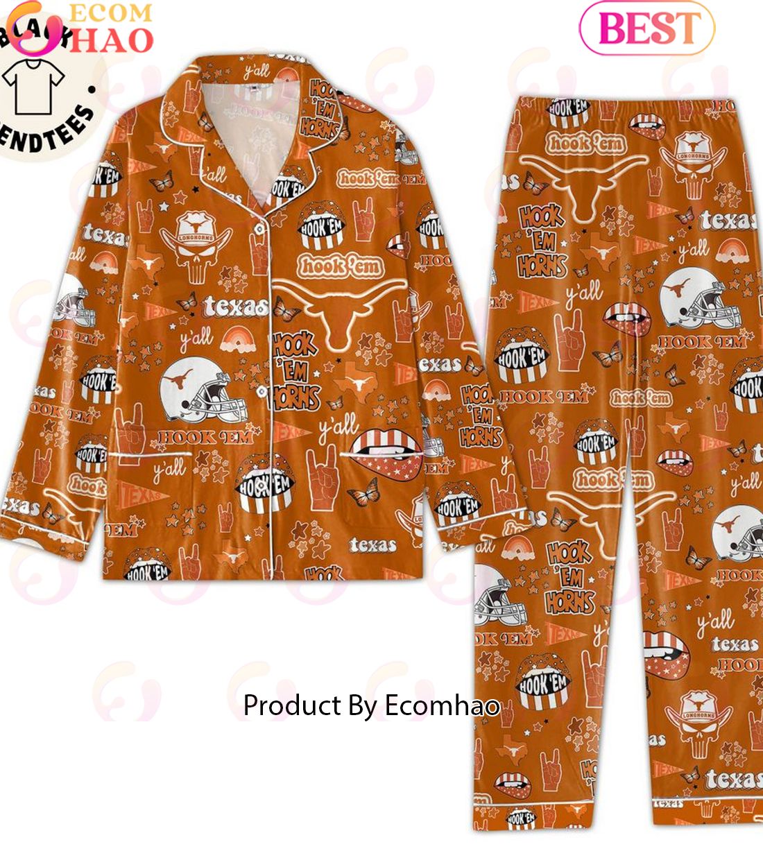 Texas Longhorns Football- Hook em, Horns Mascot Design Pajamas Set