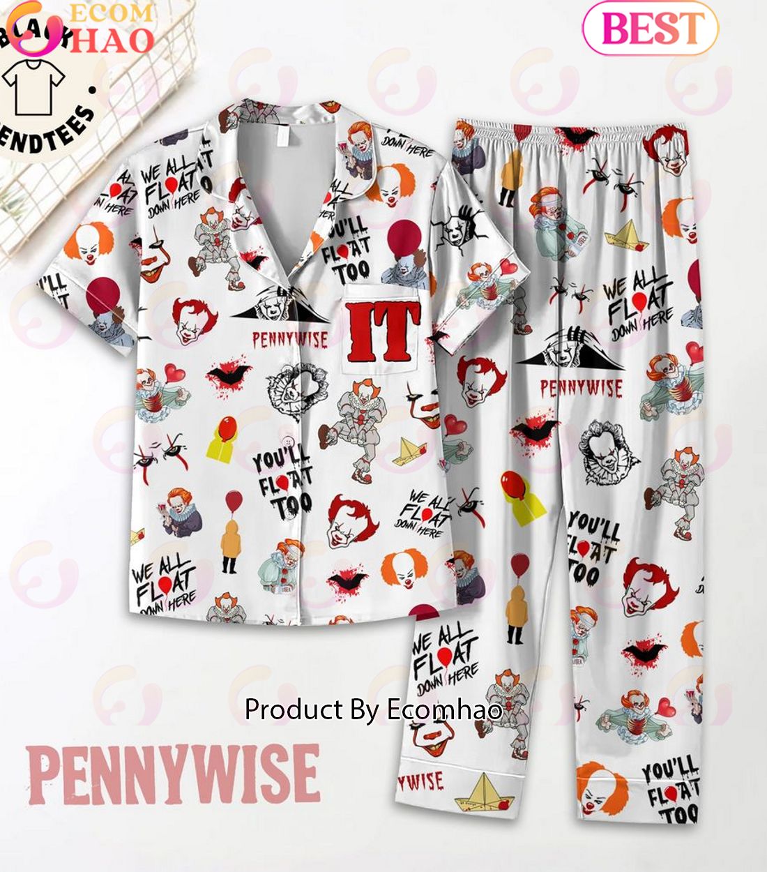 Youll Float Too Pennywise Movie Character Spooky Clown Pajamas Set