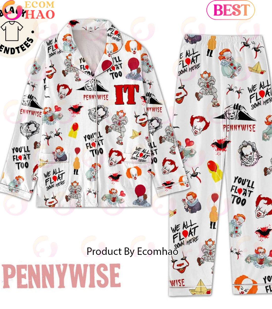 Youll Float Too Pennywise Movie Character Spooky Clown Pajamas Set