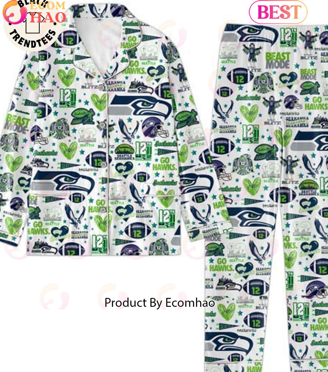 Limited Editon 2023 Seahawks Blitx 12 Seattle Mascot Design White Pajamas Set