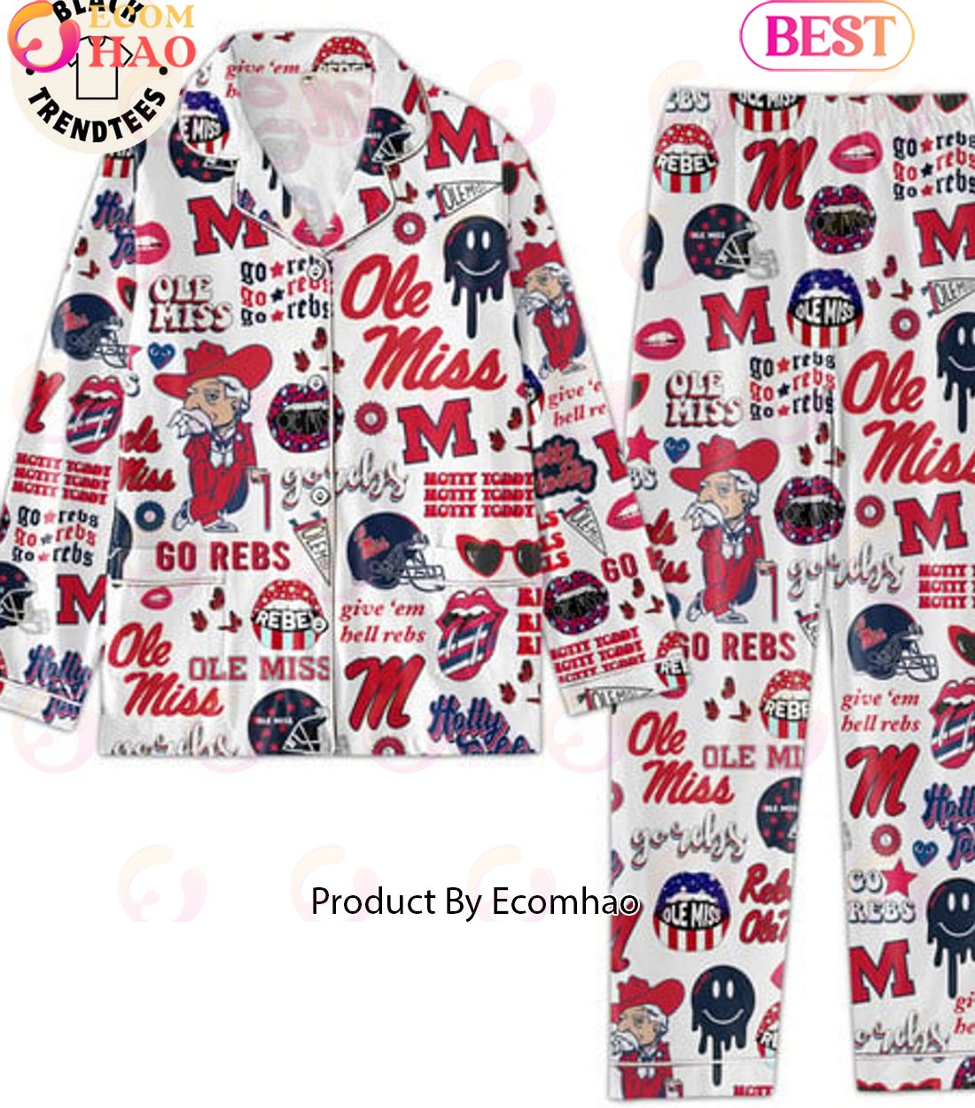 Ole Miss Hotty Toddy Rebels Go Rebs White Pajamas Set