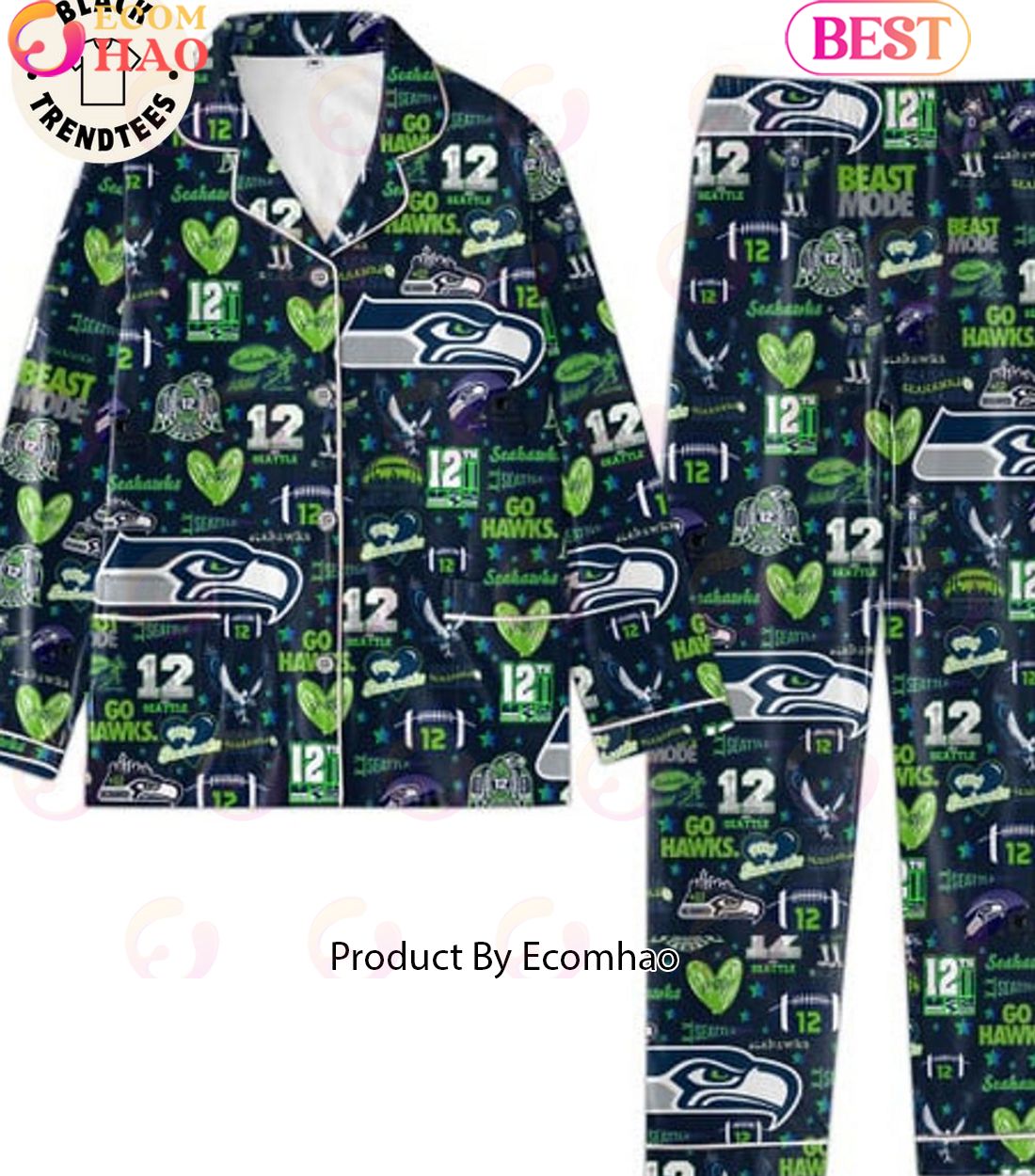 Seahawks Blitx 12 Seattle Mascot Design Dark Blue Pajamas Set