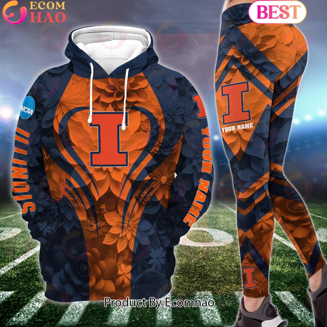 NCAA Illinois Fighting Illini Hoodie And Leggings Custom Your Name, Football Team Clothings, Gift For Football Lovers