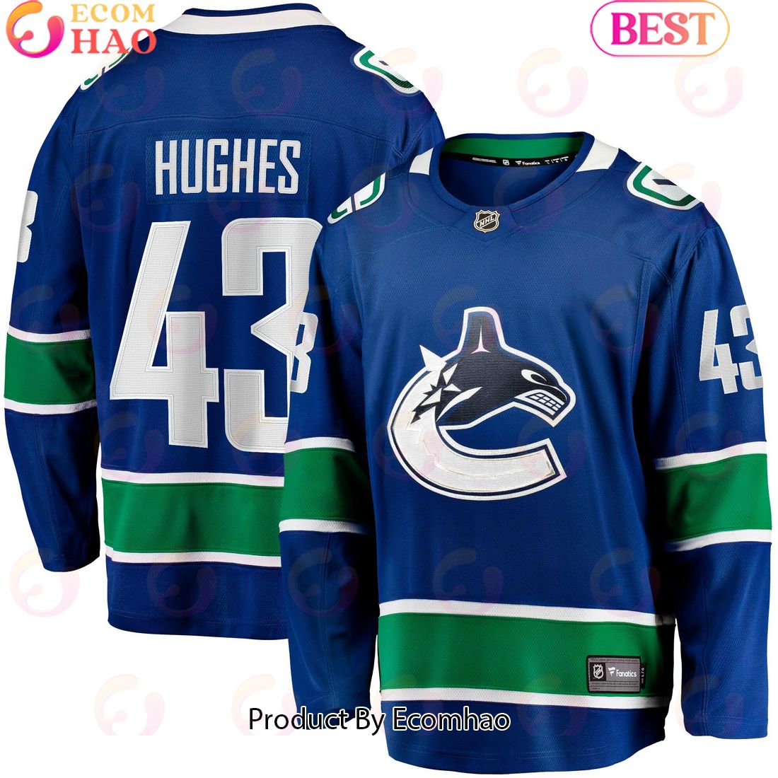 NHL Vancouver Canucks Quinn Hughes Fanatics Branded Blue Home Breakaway Hockey Jersey