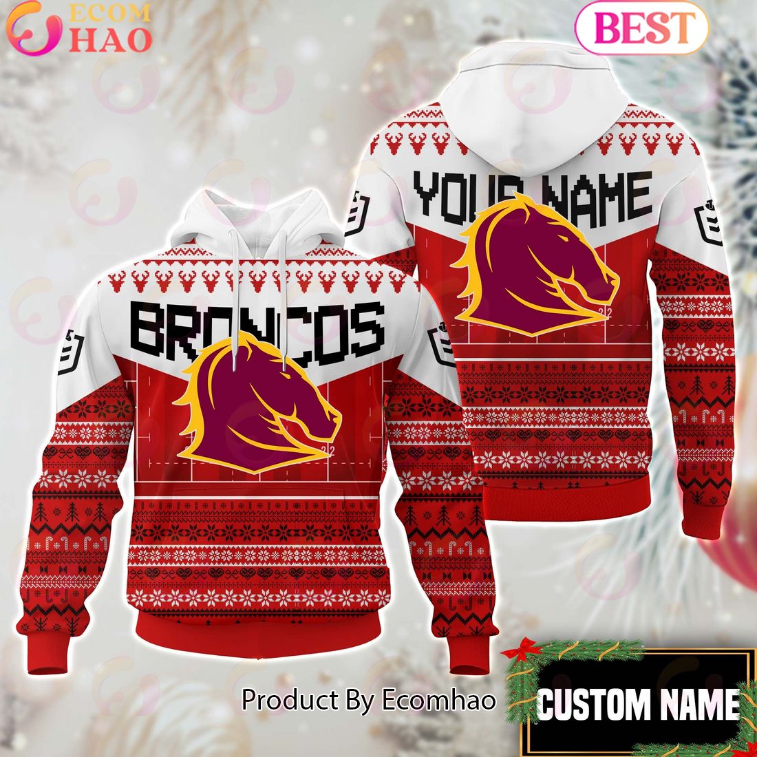 Brisbane Broncos NRL Merry Christmas Custom Name Hoodie