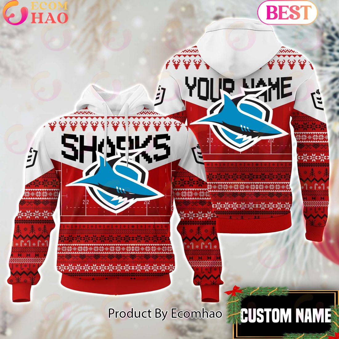 Cronulla Sutherland Sharks NRL Merry Christmas Custom Name Hoodie