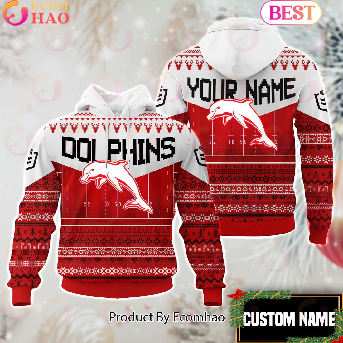 Dolphins NRL Merry Christmas Custom Name Hoodie