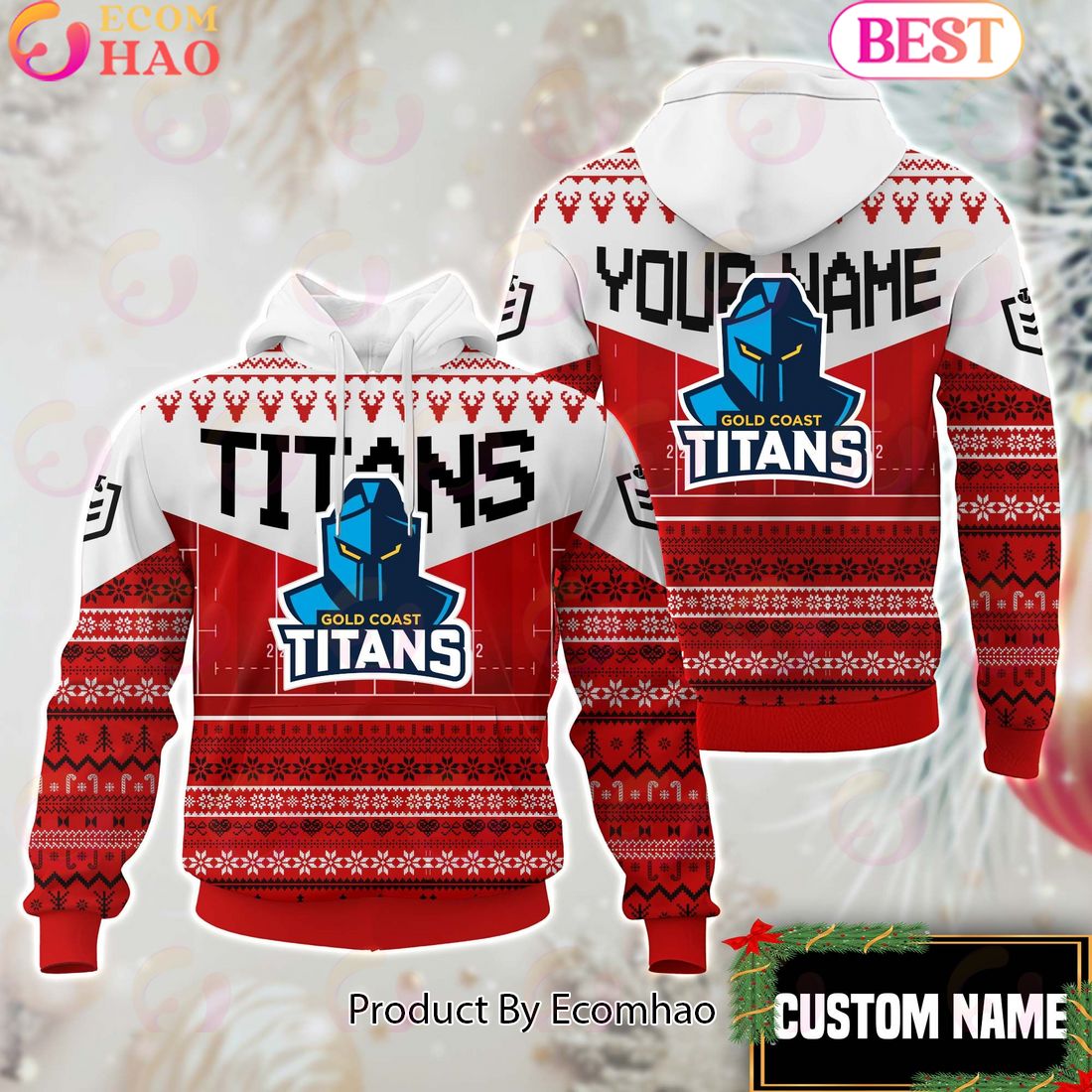 Gold Coast Titans NRL Merry Christmas Custom Name Hoodie