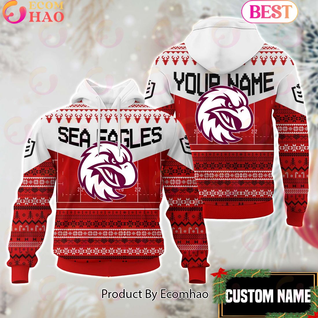 Manly Warringah Sea Eagles NRL Merry Christmas Custom Name Hoodie