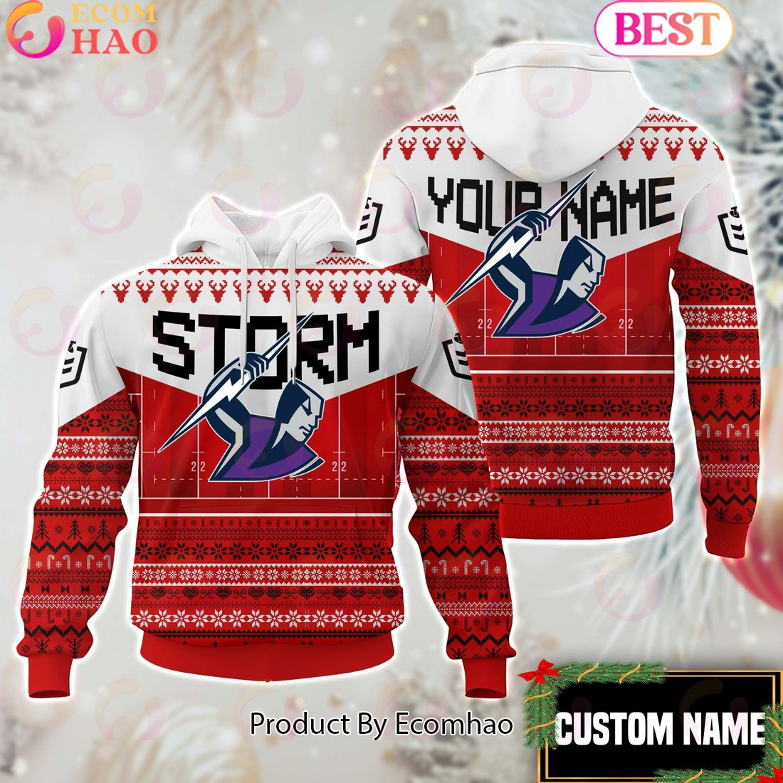 Melbourne Storm NRL Merry Christmas Custom Name Hoodie