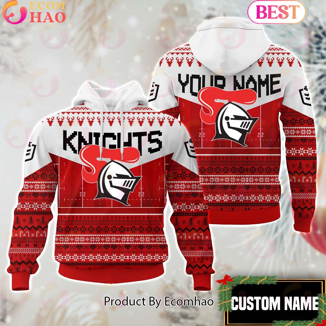 Newcastle Knights NRL Merry Christmas Custom Name Hoodie