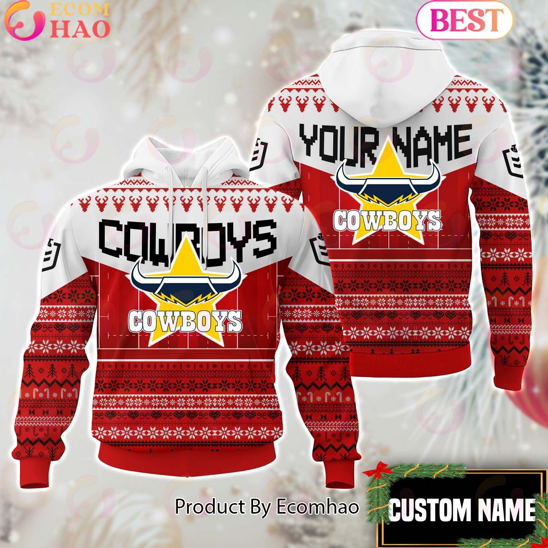 North Queensland Cowboys NRL Merry Christmas Custom Name Hoodie