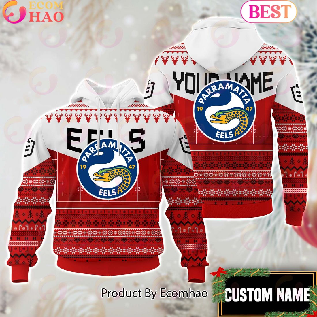 Parramatta Eels NRL Merry Christmas Custom Name Hoodie