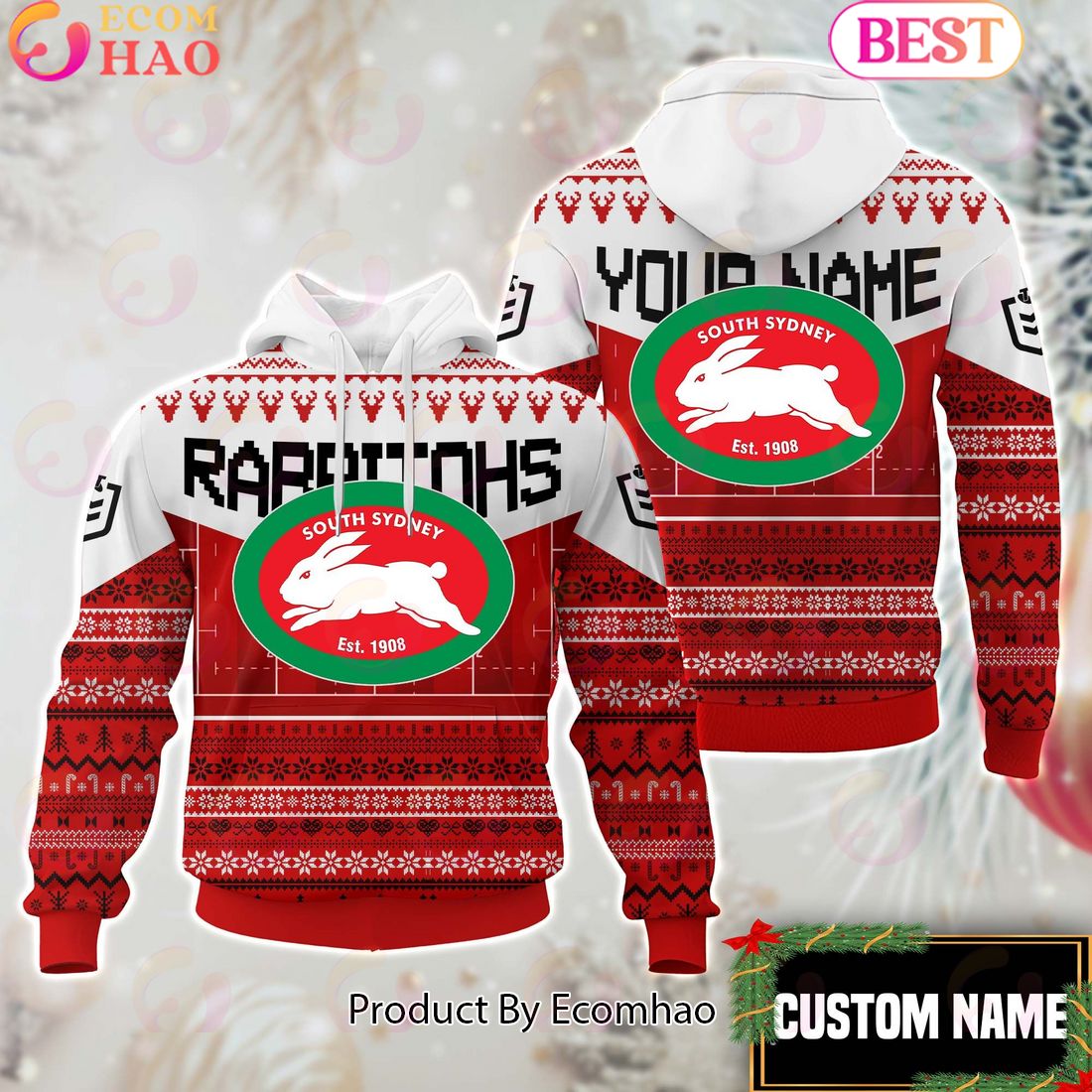 South Sydney Rabbitohs NRL Merry Christmas Custom Name Hoodie