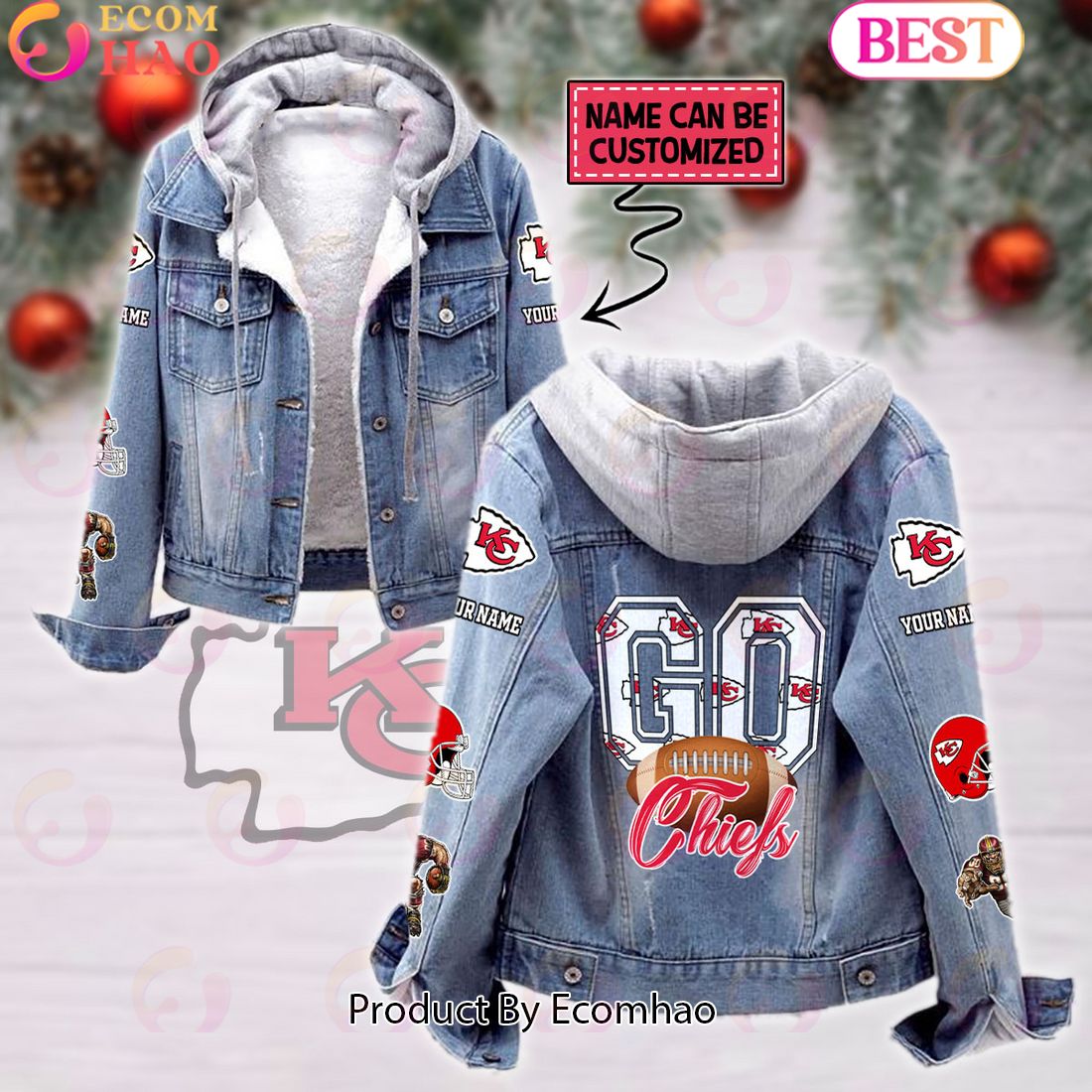 Custom Name Go Chiefs Mascot Designed NFL Kansas City Chiefs Fleece Hooded Denim Jacket