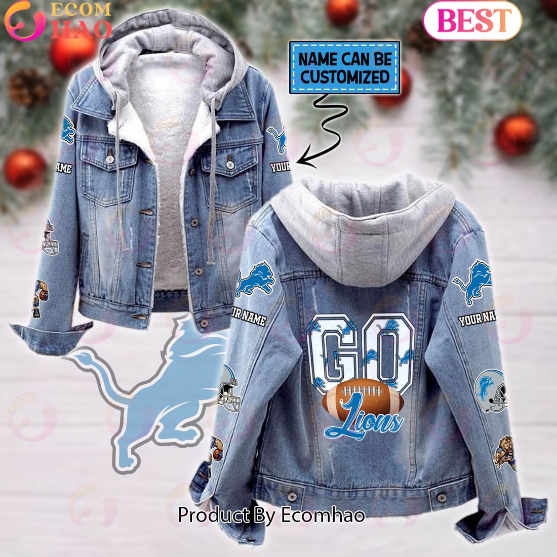 Custom Name Go Lions Mascot Designed NFL Detroit Lions Fleece Hooded Denim Jacket