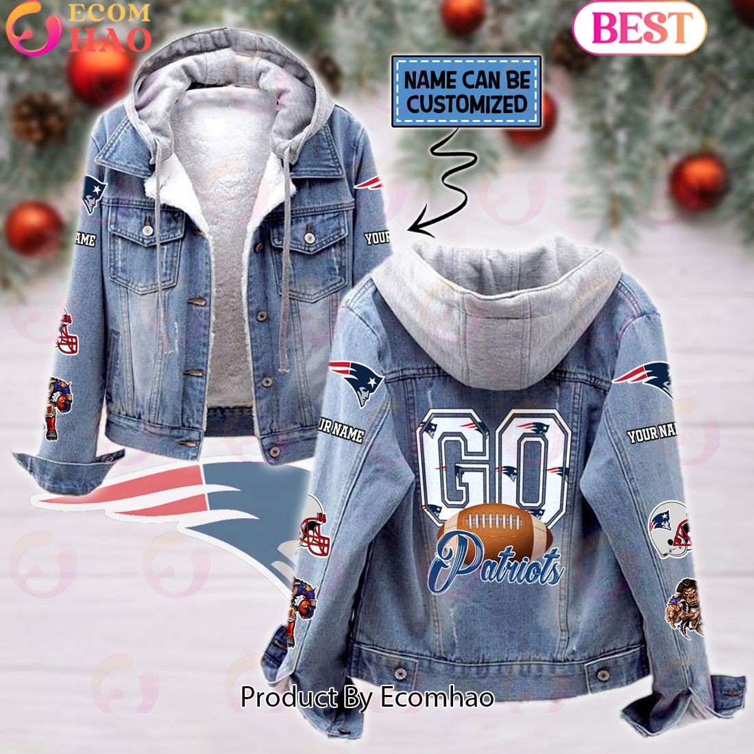 Custom Name Go Patriots Mascot Designed NFL New England Patriots Fleece Hooded Denim Jacket