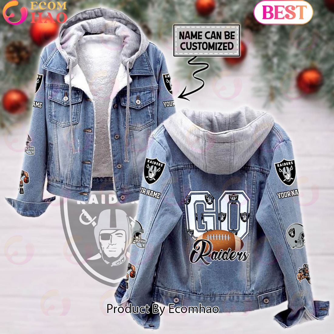 Custom Name Go Raiders Mascot Designed NFL Las Vegas Raiders Fleece Hooded Denim Jacket